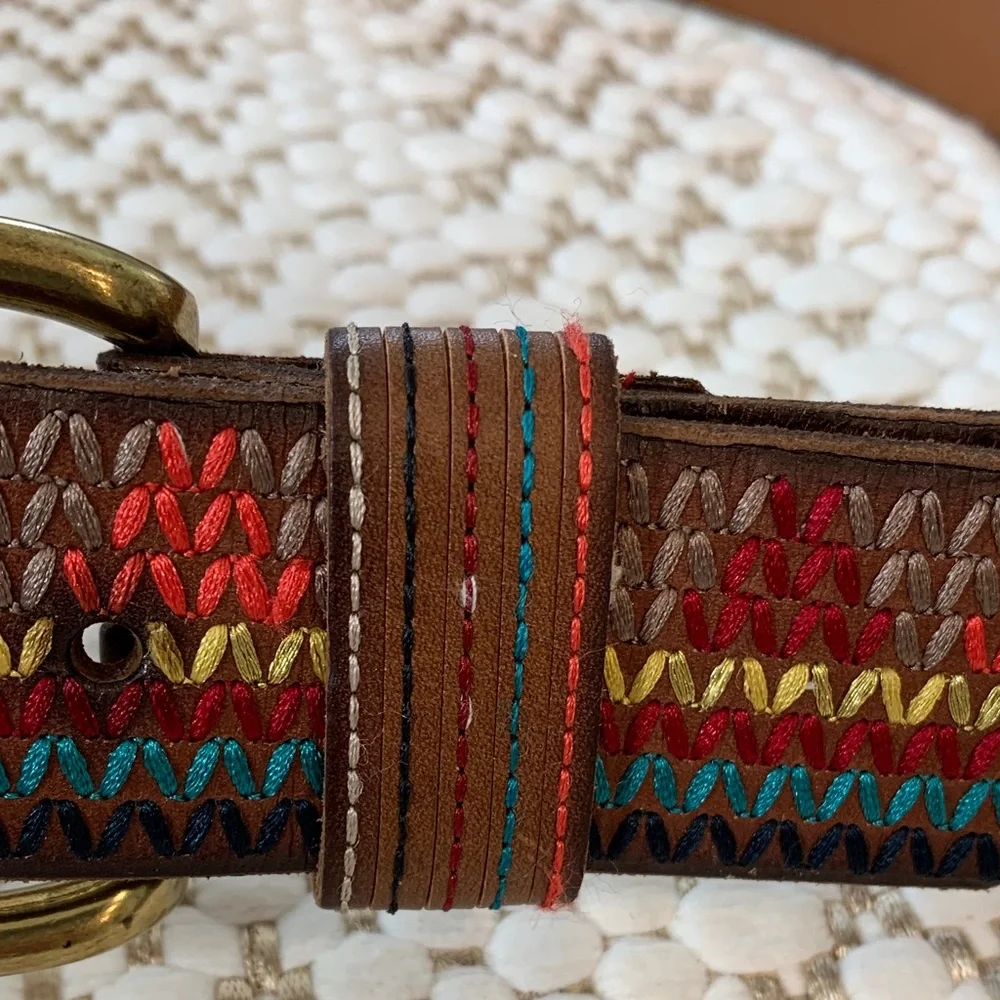 Embroidered Fossil Multicolor Leather Belt with Brass Buckle SM NWT